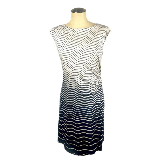 NWT Ann Taylor Loft Black and Cream Striped Side Gathered Midi Dress Size Large - Picture 1 of 8